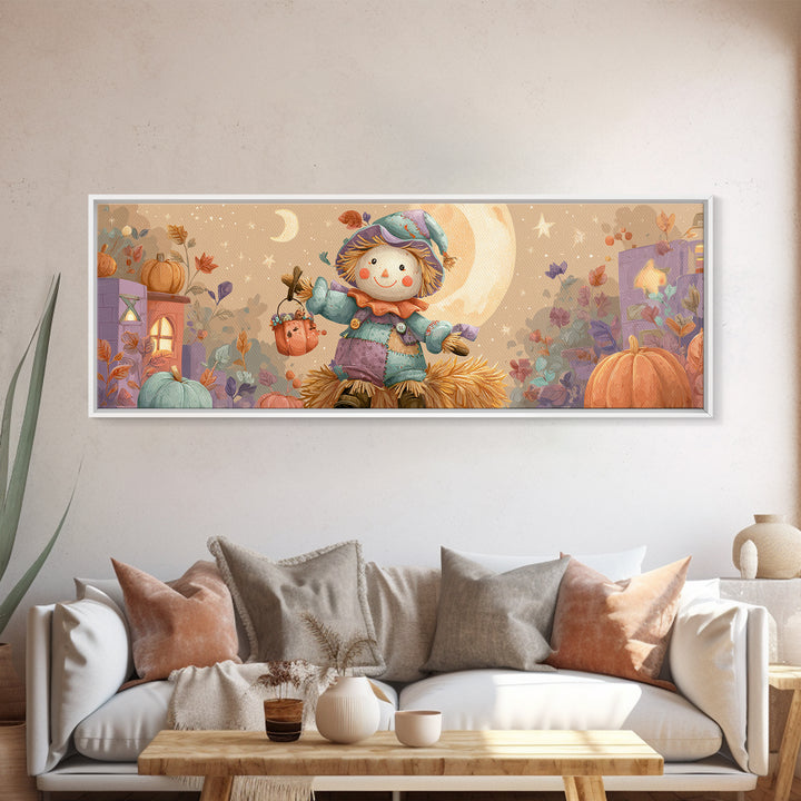 The Button-Nosed Scarecrow, Kids Halloween Decor, Extra Wide Wall Art, Canvas Print, Halloween Kids Decor, Whimsical Wall Art