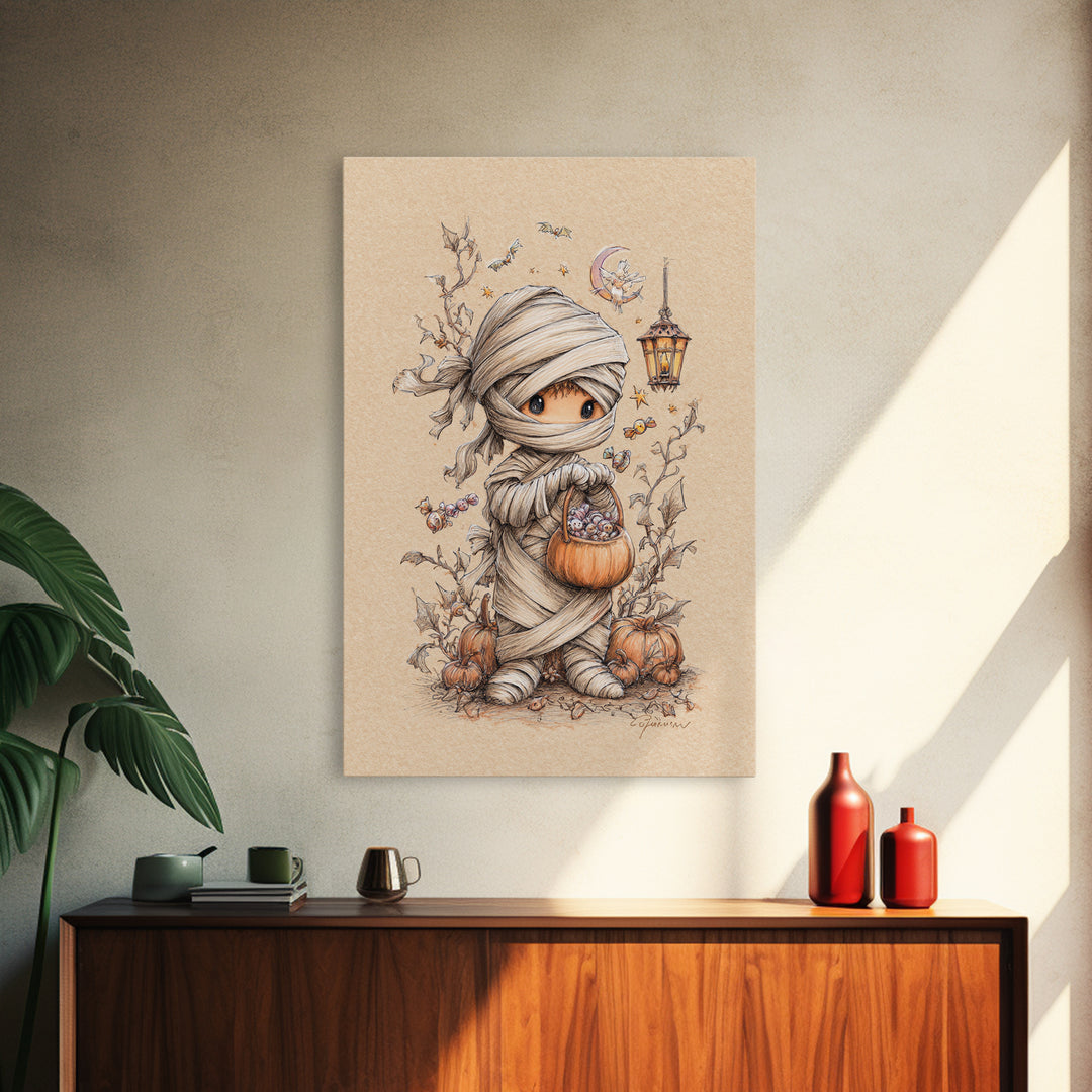 The Shy Little Mummy, Hand Sketch Halloween Art, Vertical Wall Art, Canvas Print, Cute Halloween Wall Art