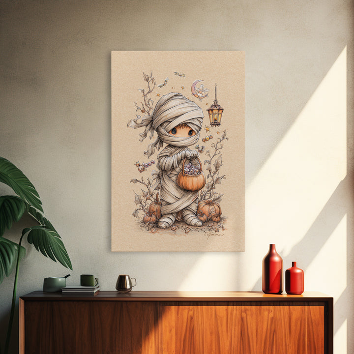 The Shy Little Mummy, Hand Sketch Halloween Art, Vertical Wall Art, Canvas Print, Cute Halloween Wall Art