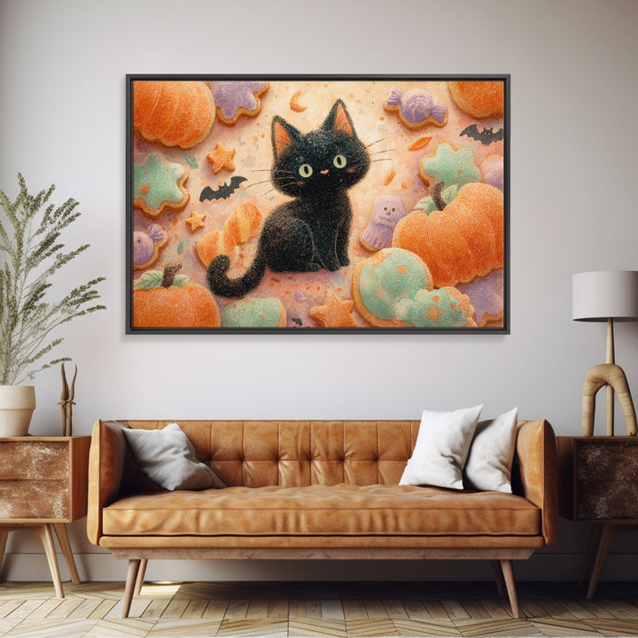 The Black Cat Baker, Watercolor Halloween Art, Landscape Wall Art, Framed Canvas Print, Cute Halloween Wall Art