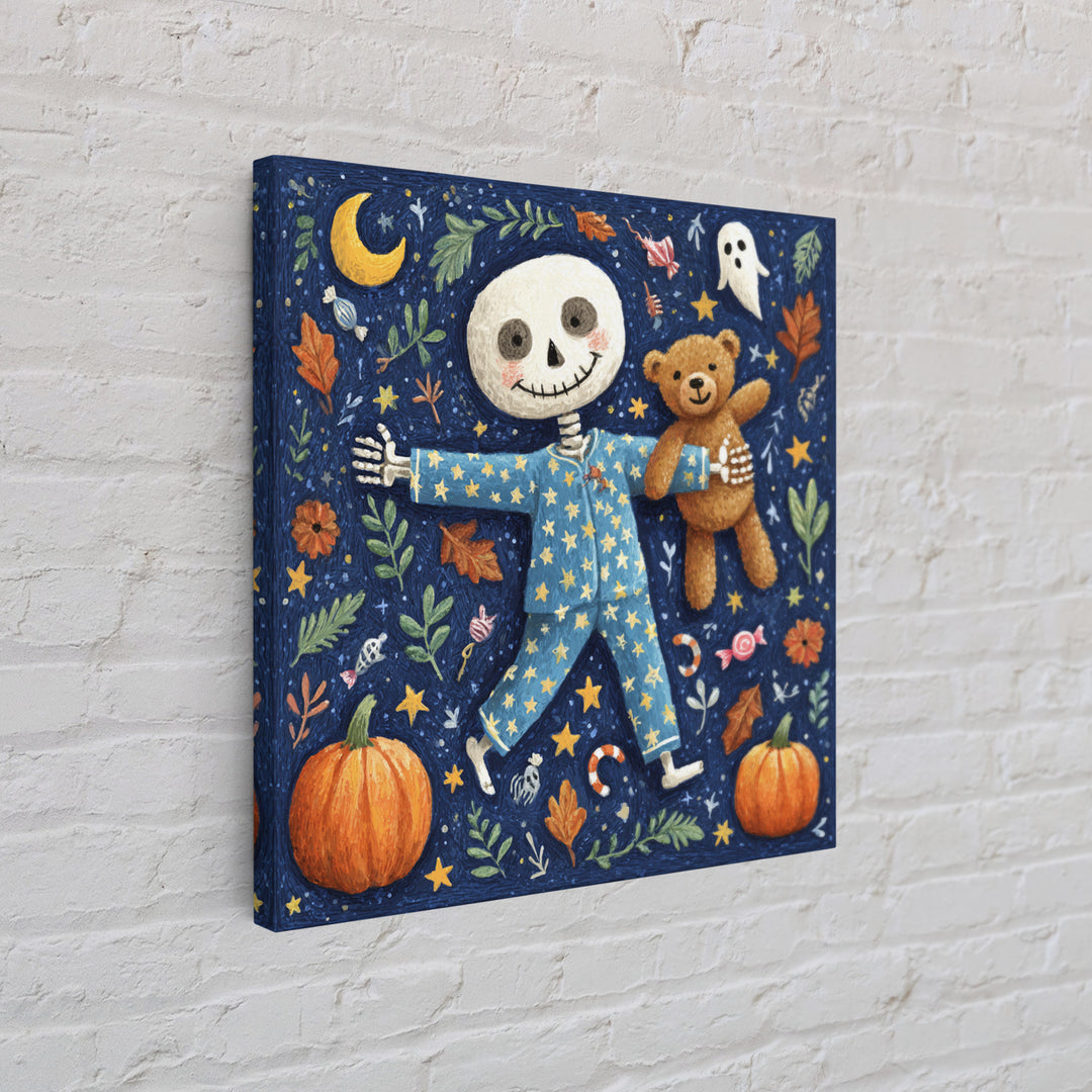The Pajama Skeleton, Gouache Halloween Art, Square Wall Art, Canvas Print, Cute Halloween Wall Art, Halloween Kids Decor