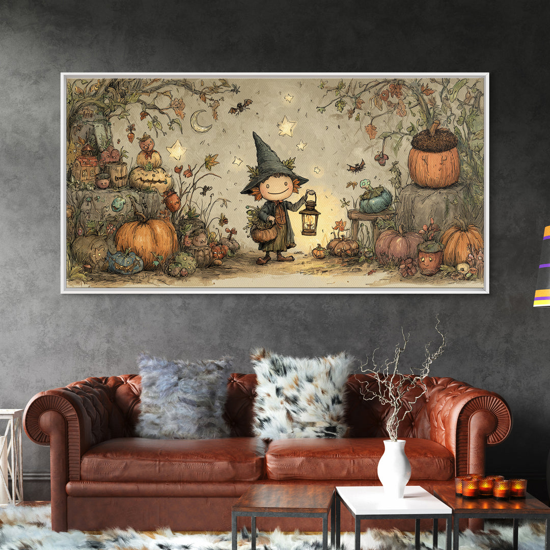 The Acorn Goblin, Crayon Halloween Art, Wide Panoramic Art, Framed Canvas Print, Cute Halloween Wall Art