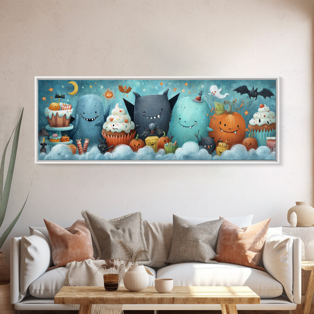 The Cupcake Vampire, Pastel Halloween Art, Extra Wide Wall Art, Canvas Print, Cute Halloween Wall Art