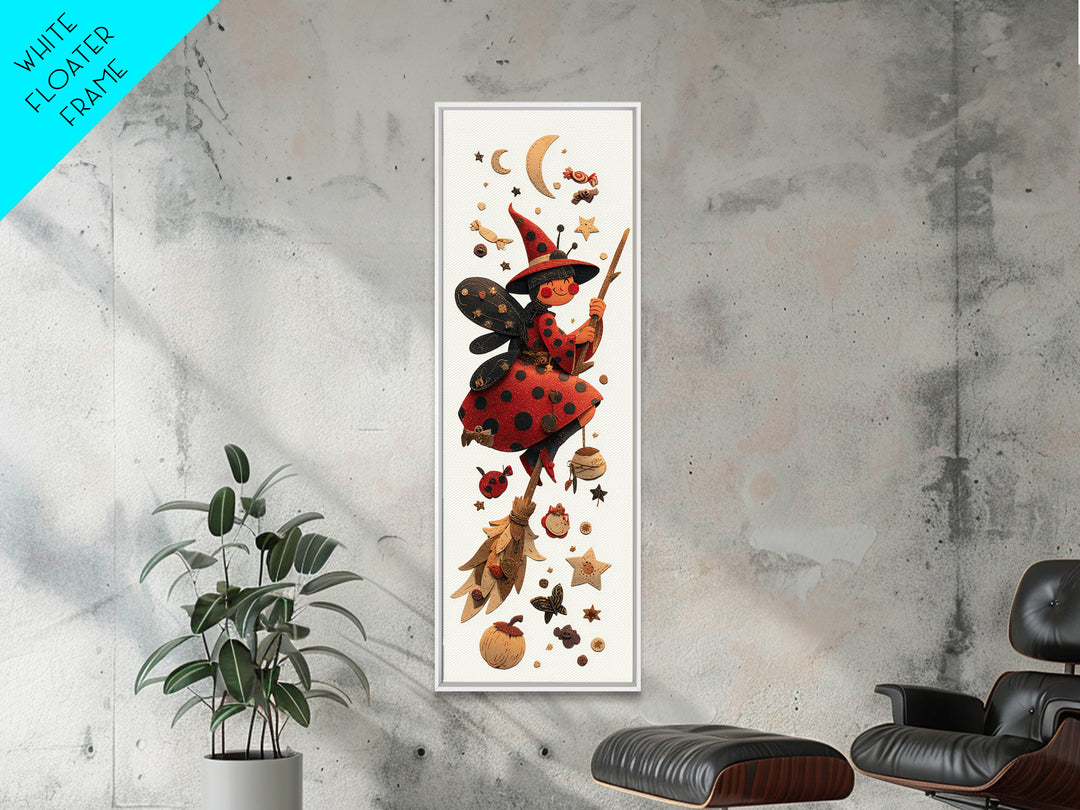 The Ladybug Witch, Paper Collage Halloween, Tall Narrow Wall Art, Framed Canvas Print, Cute Halloween Wall Art