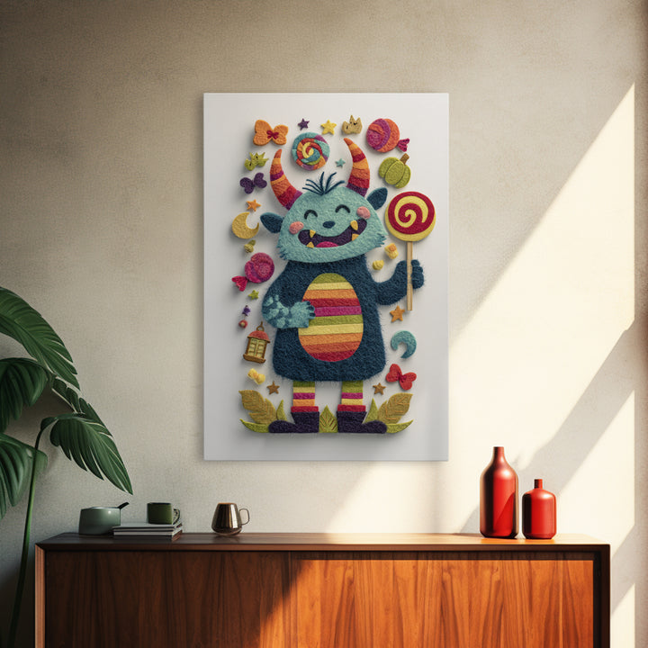 The Rainbow Monster, Felt Halloween Art, Vertical Wall Art, Canvas Print, Cute Halloween Wall Art, Whimsical Nursery Decor