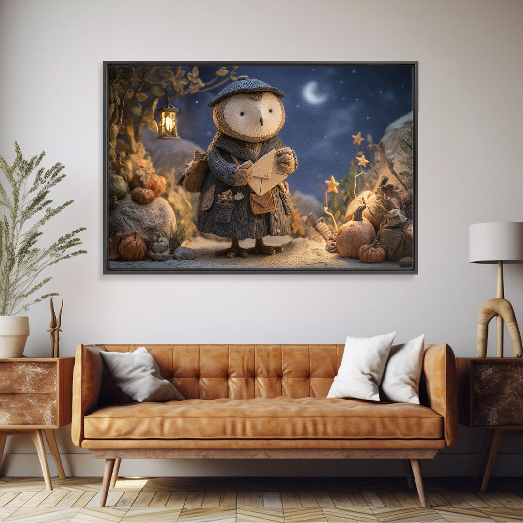 The Owl Postmaster, Clay Halloween Art, Landscape Wall Art, Framed Canvas Print, Cute Halloween Wall Art