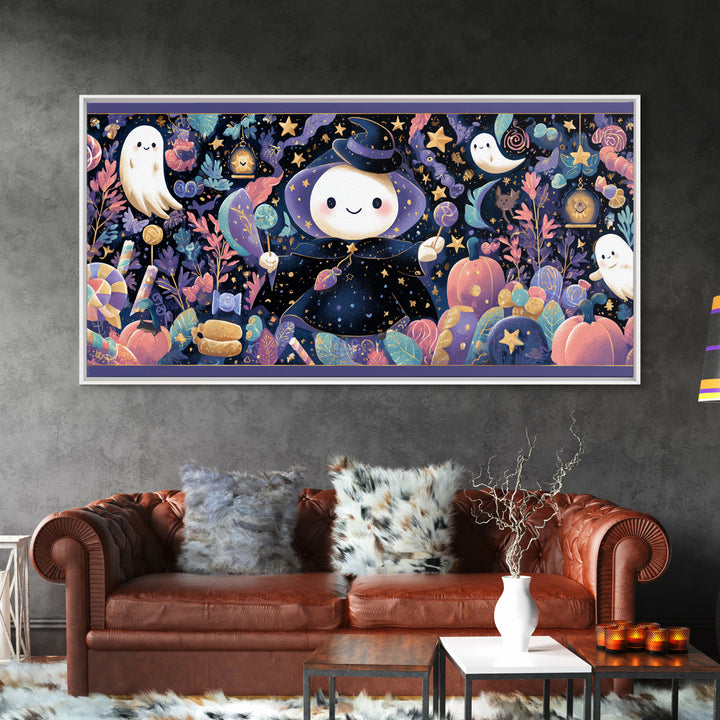 The Star-Cape Magician, Kawaii Halloween Art, Wide Panoramic Art, Framed Canvas Print, Cute Halloween Wall Art