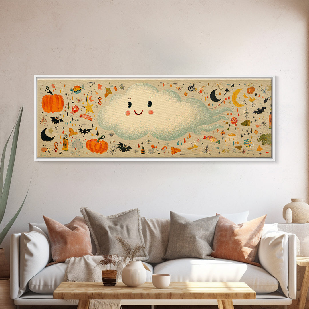 The Cloud Ghost, Retro Halloween Art, Extra Wide Wall Art, Canvas Print, Cute Halloween Wall Art, Cozy Autumn Kids Decor
