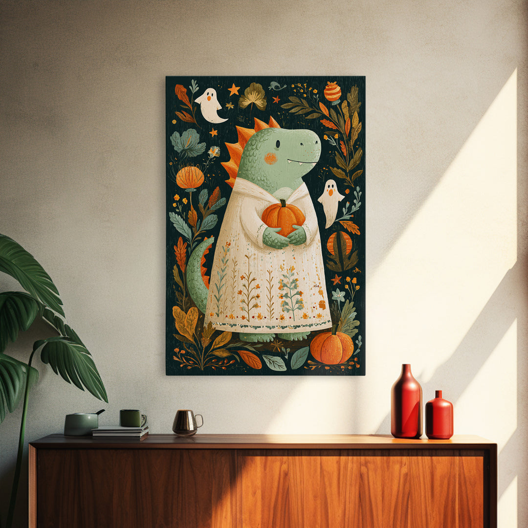 The Sleepy Costume Dragon, Folk Halloween Art, Vertical Wall Art, Canvas Print, Cute Halloween Wall Art