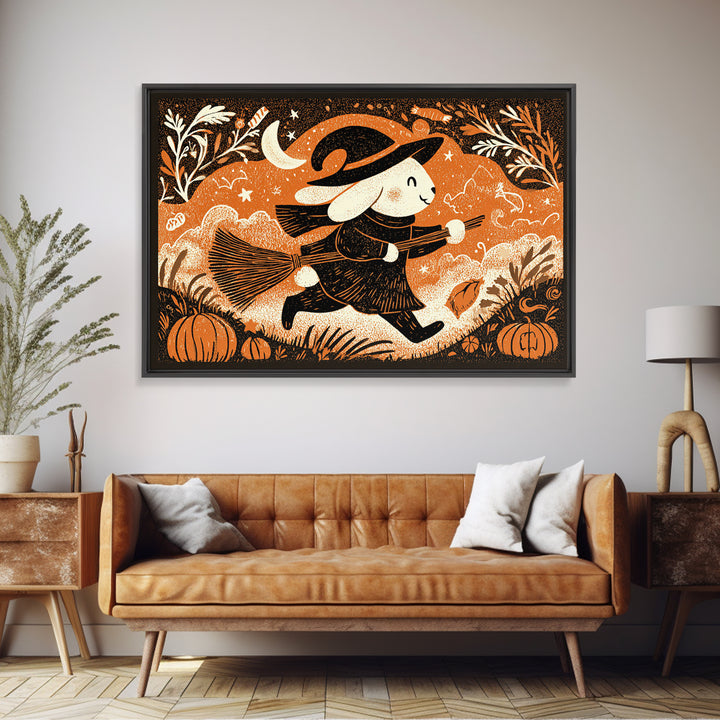 The Bunny Witch, Linocut Halloween Art, Landscape Wall Art, Framed Canvas Print, Cute Halloween Wall Art