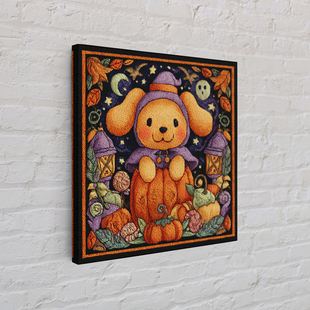 The Pumpkin Puppy, Embroidered Halloween Art, Square Wall Art, Canvas Print, Cute Halloween Wall Art