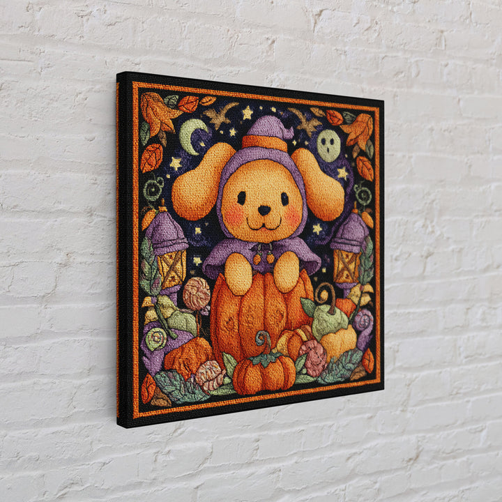 The Pumpkin Puppy, Embroidered Halloween Art, Square Wall Art, Canvas Print, Cute Halloween Wall Art