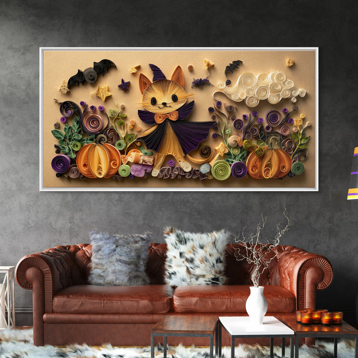 The Kitten Vampire, Quilled Halloween Art, Wide Panoramic Art, Framed Canvas Print, Cute Halloween Wall Art