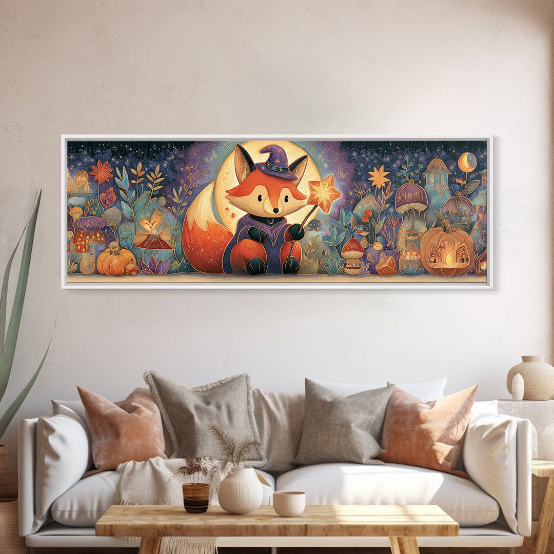 The Fox Wizard, Stained Glass Halloween, Extra Wide Wall Art, Canvas Print, Cute Halloween Wall Art, Cozy Autumn Kids Decor