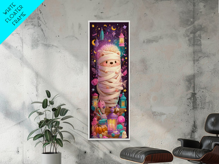 The Hedgehog Mummy, Vaporwave Halloween Art, Tall Narrow Wall Art, Framed Canvas Print, Cute Halloween Wall Art