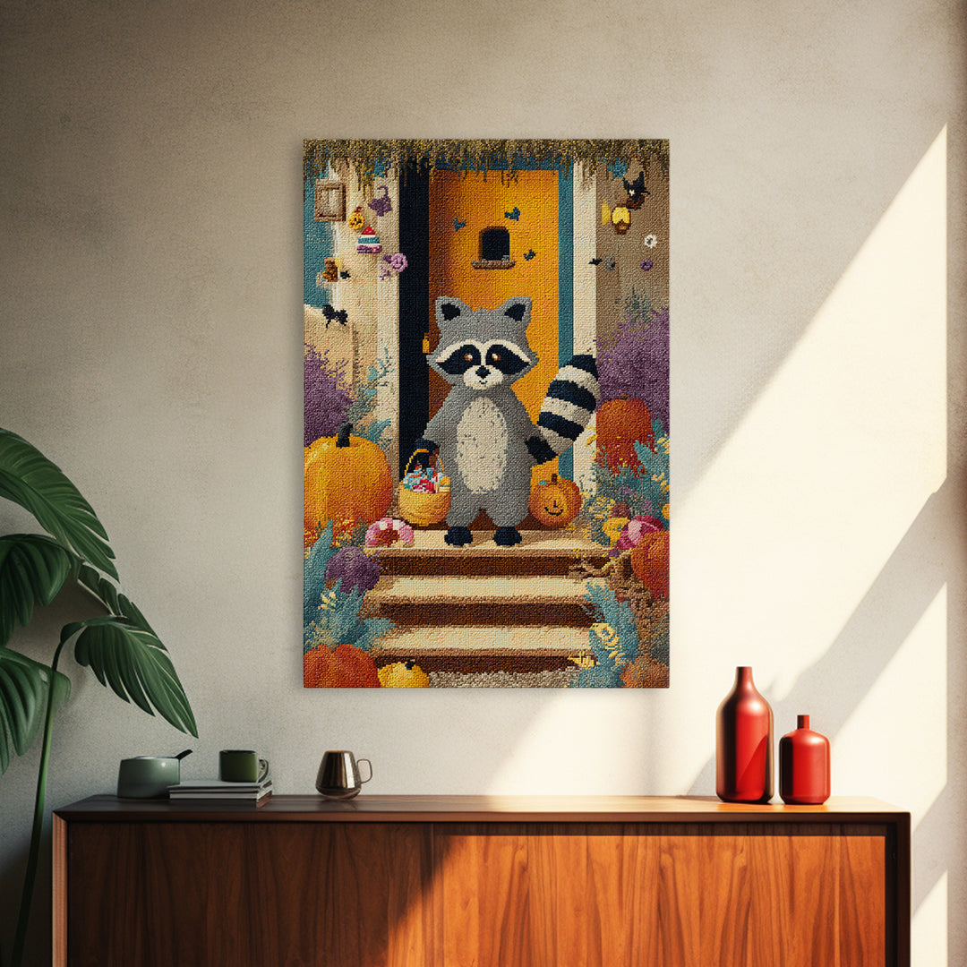 The Raccoon Trick-Or-Treater, Pixel Halloween Art, Vertical Wall Art, Canvas Print, Cute Halloween Wall Art