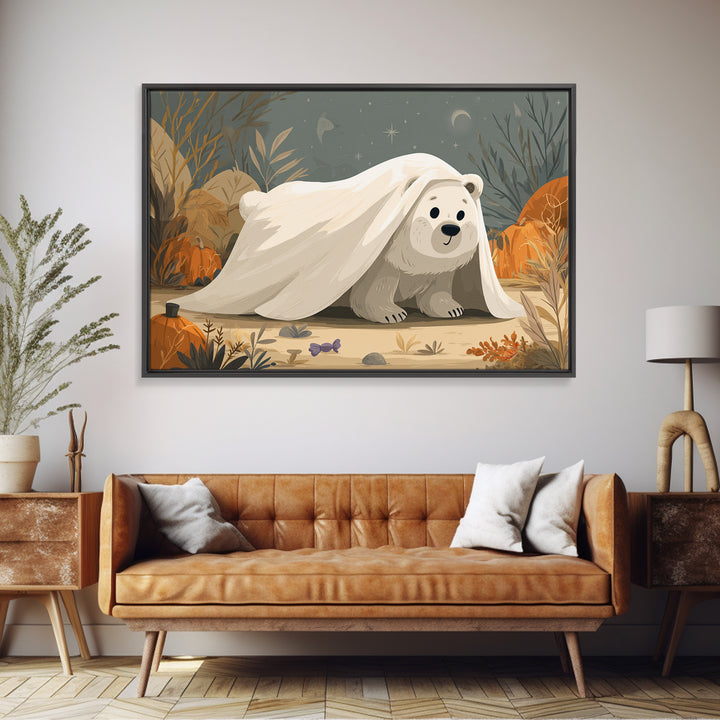 The Bear Cub Ghost, Vector Halloween Art, Landscape Wall Art, Framed Canvas Print, Cute Halloween Wall Art