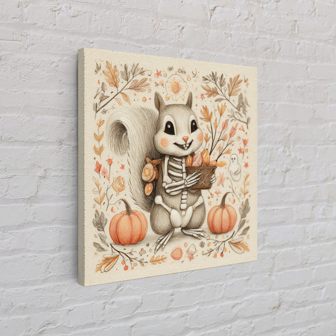 The Squirrel Skeleton, Hand Sketch Halloween Art, Square Wall Art, Canvas Print, Cute Halloween Wall Art