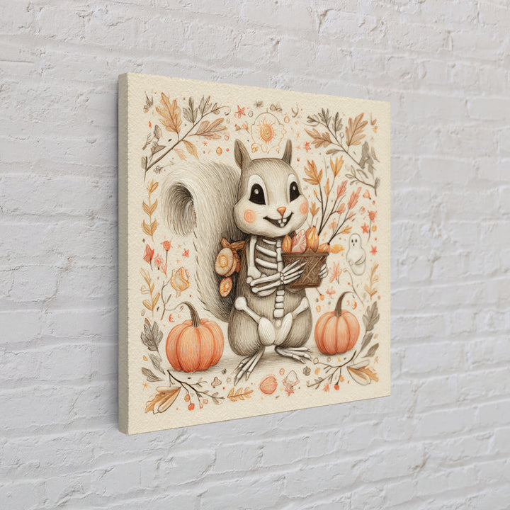 The Squirrel Skeleton, Hand Sketch Halloween Art, Square Wall Art, Canvas Print, Cute Halloween Wall Art
