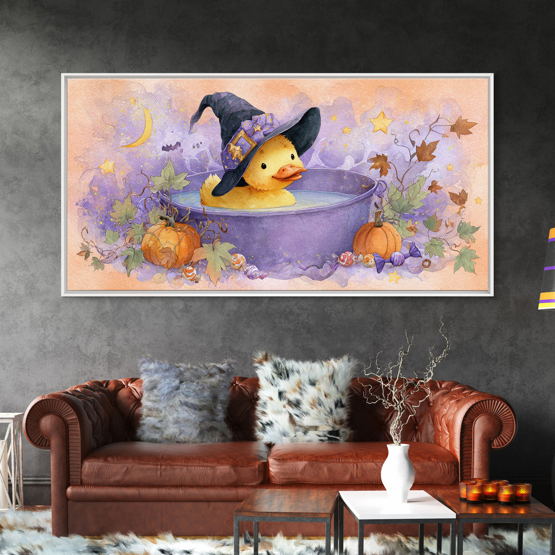 The Duckling Witch, Watercolor Halloween Art, Wide Panoramic Art, Framed Canvas Print, Cute Halloween Wall Art