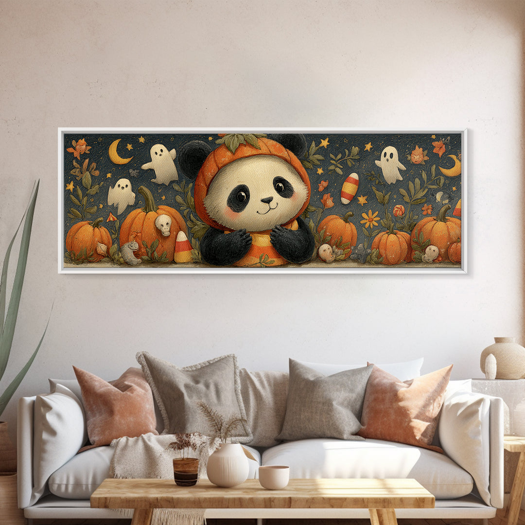 The Panda Pumpkin, Gouache Halloween Art, Extra Wide Wall Art, Canvas Print, Cute Halloween Wall Art