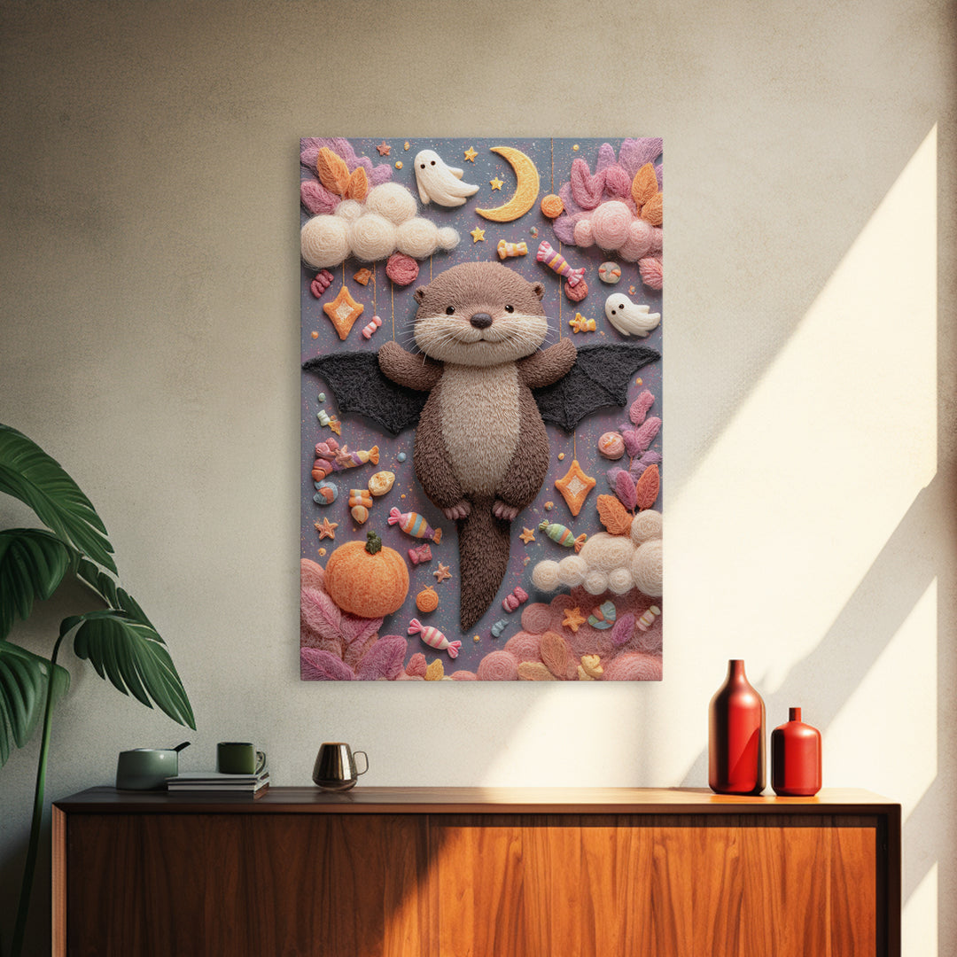 The Bat-Winged Otter, Pastel Halloween Art, Vertical Wall Art, Canvas Print, Cute Halloween Wall Art