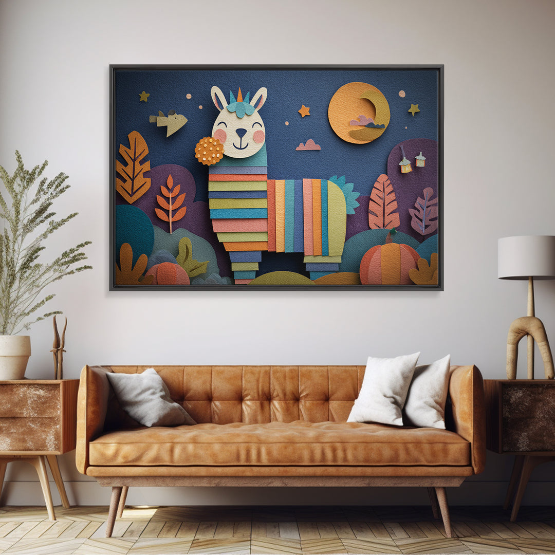 The Llama Mummy, Paper Collage Halloween, Landscape Wall Art, Framed Canvas Print, Cute Halloween Wall Art