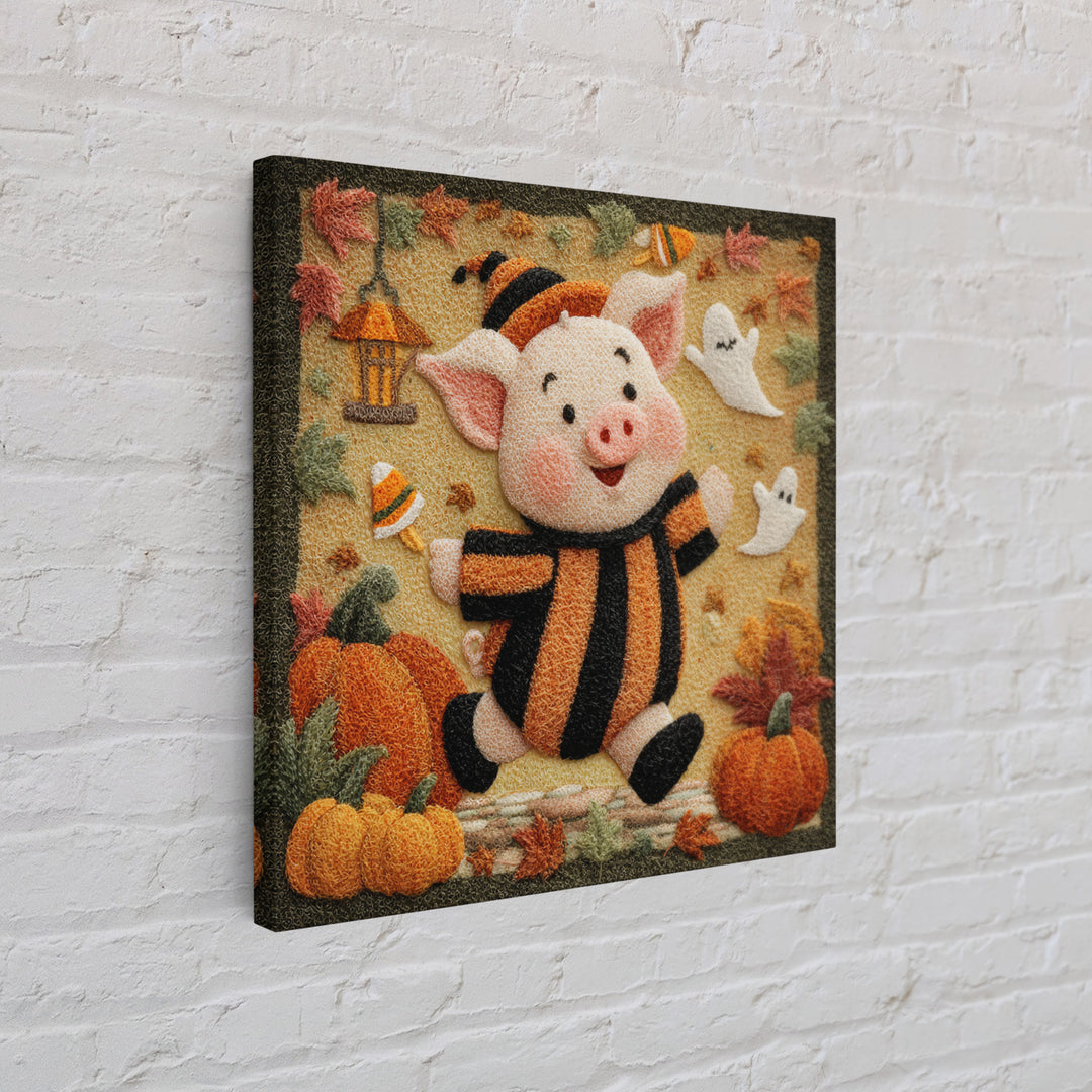 The Candy Corn Piglet, Felt Halloween Art, Square Wall Art, Canvas Print, Cute Halloween Wall Art, Halloween Kids Decor