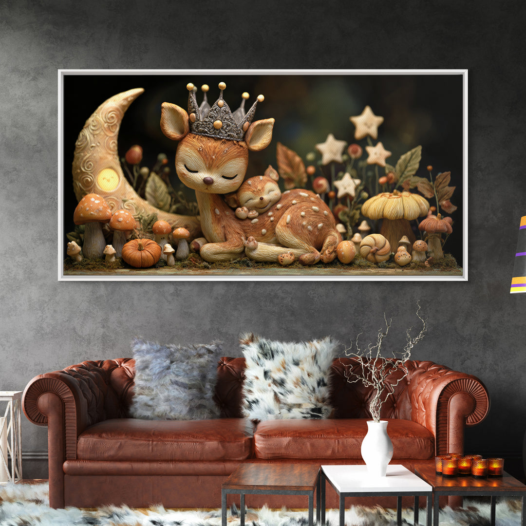 The Moon Princess Deer, Clay Halloween Art, Wide Panoramic Art, Framed Canvas Print, Cute Halloween Wall Art