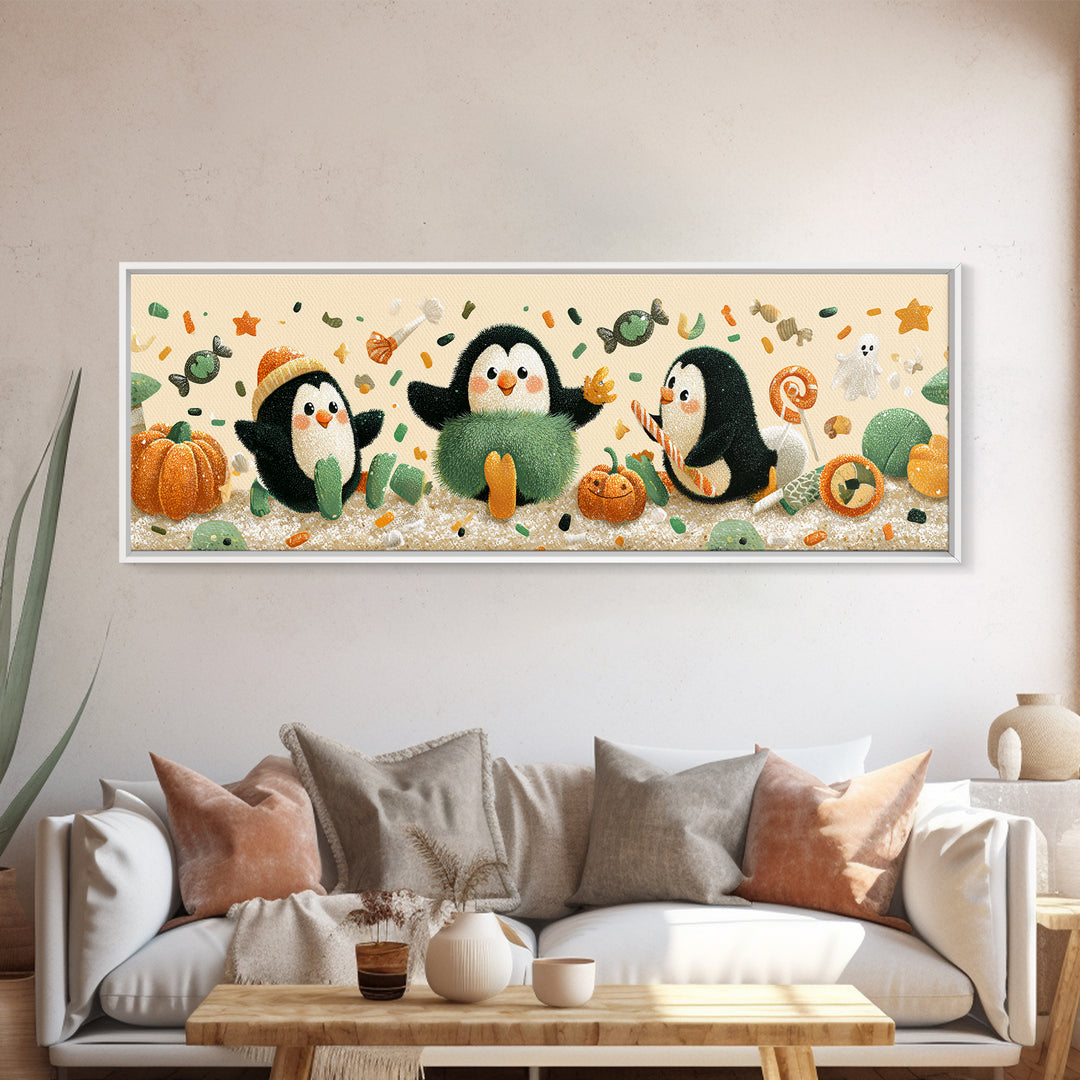 The Penguin Monster, Plush Halloween Art, Extra Wide Wall Art, Canvas Print, Cute Halloween Wall Art