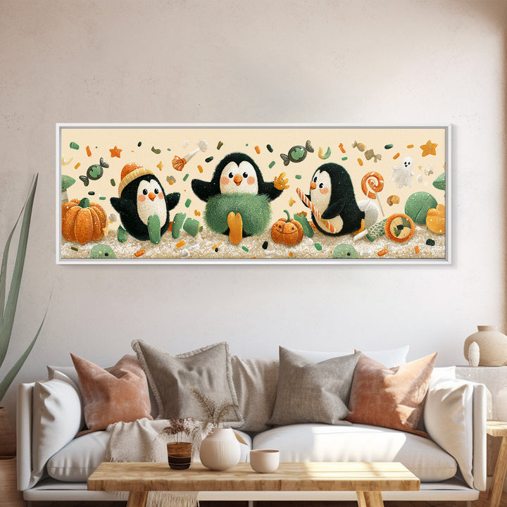 The Penguin Monster, Plush Halloween Art, Extra Wide Wall Art, Canvas Print, Cute Halloween Wall Art