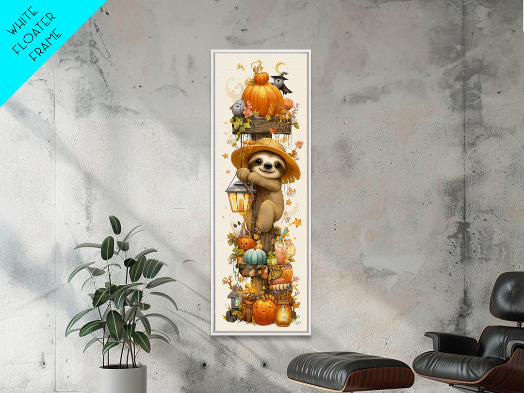 The Scarecrow Sloth, Kawaii Halloween Art, Tall Narrow Wall Art, Framed Canvas Print, Cute Halloween Wall Art