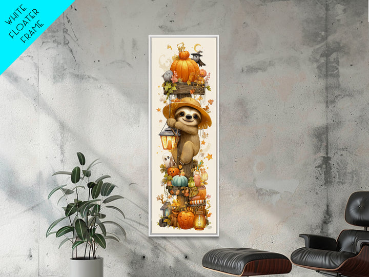 The Scarecrow Sloth, Kawaii Halloween Art, Tall Narrow Wall Art, Framed Canvas Print, Cute Halloween Wall Art