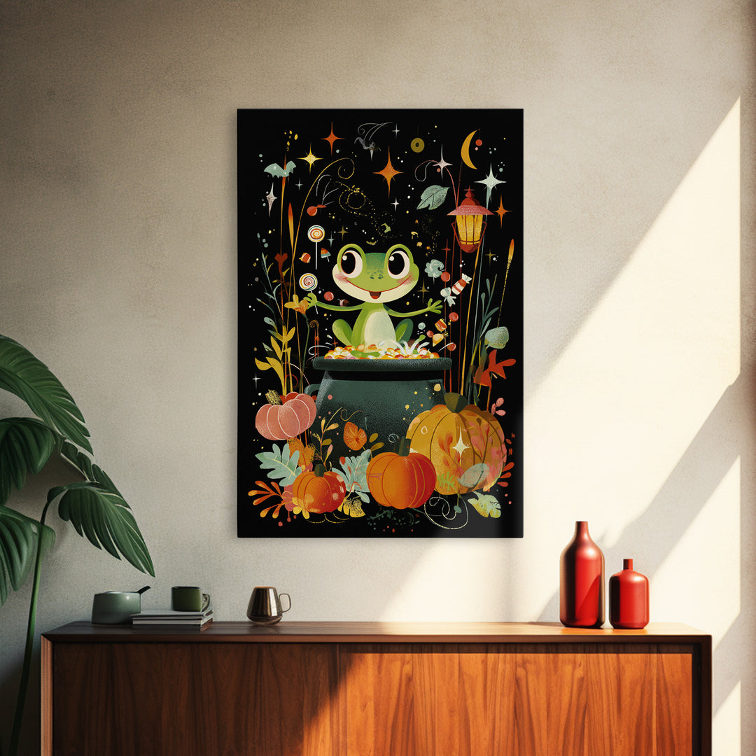 The Cauldron Frog, Retro Halloween Art, Vertical Wall Art, Canvas Print, Cute Halloween Wall Art, Whimsical Nursery Decor