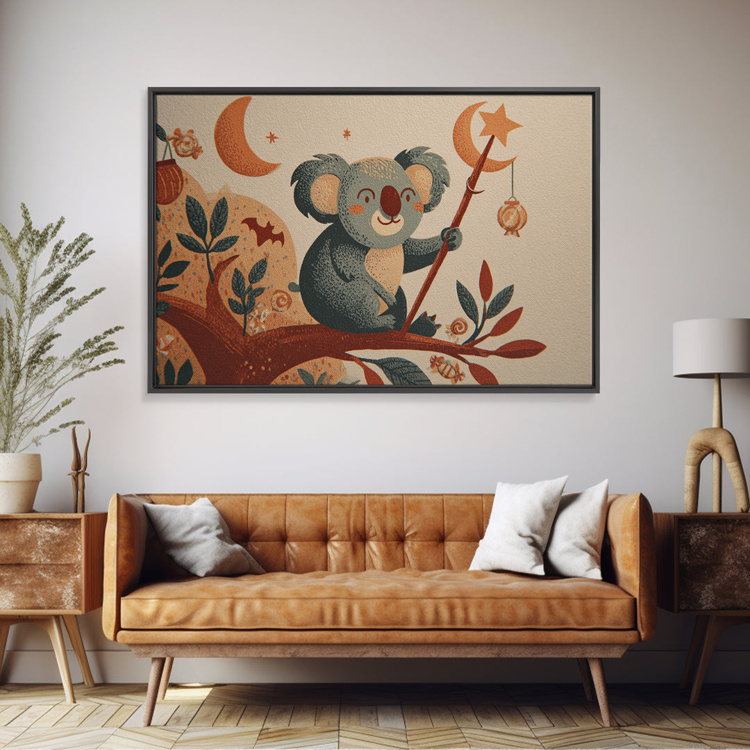 The Koala Wizard, Screenprint Halloween Art, Landscape Wall Art, Framed Canvas Print, Cute Halloween Wall Art