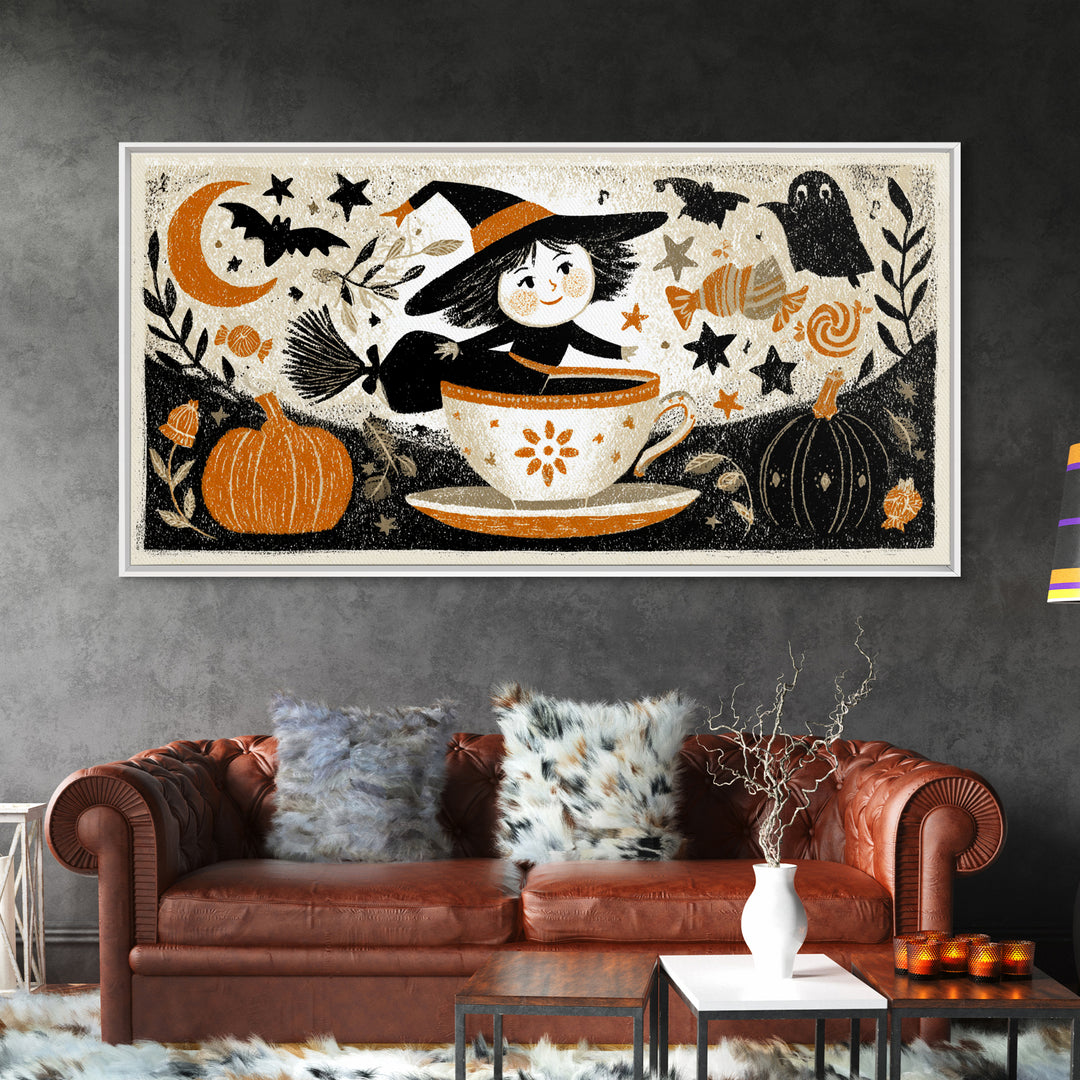 The Teacup Witch, Linocut Halloween Art, Wide Panoramic Art, Framed Canvas Print, Cute Halloween Wall Art
