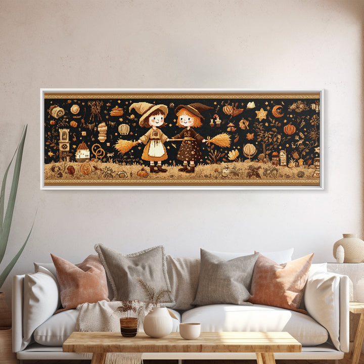 The Twin Broomstick Witches, Embroidered Halloween Art, Extra Wide Wall Art, Canvas Print, Cute Halloween Wall Art