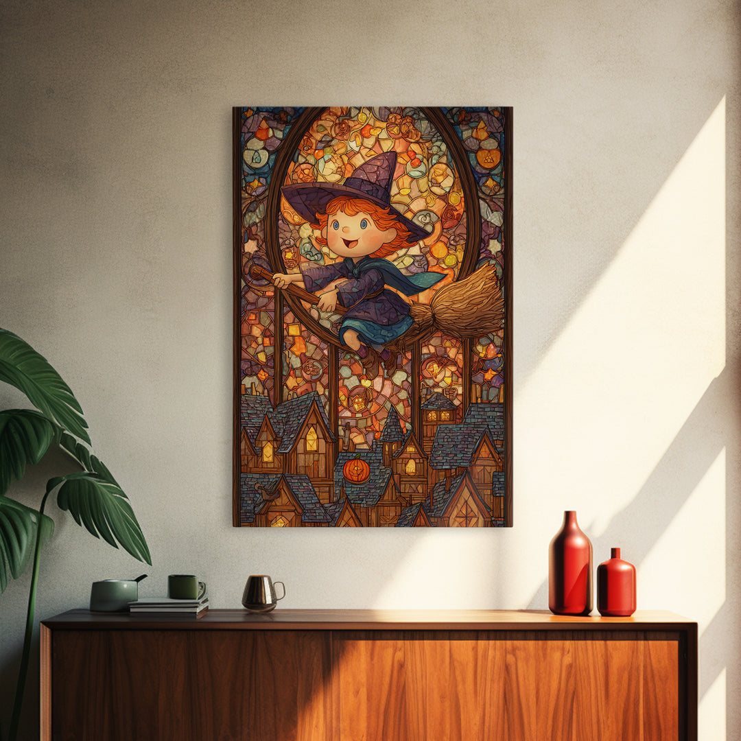 The Witch With A Balloon Broom, Stained Glass Halloween, Vertical Wall Art, Canvas Print, Cute Halloween Wall Art