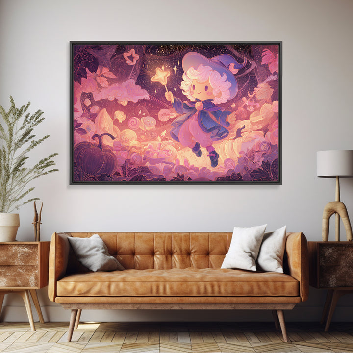 The Cookie Spellcaster, Vaporwave Halloween Art, Landscape Wall Art, Framed Canvas Print, Cute Halloween Wall Art