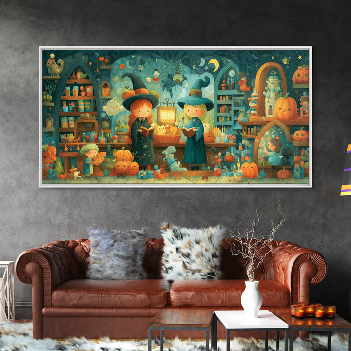 The Tiny Hat Shop Witch, Vector Halloween Art, Wide Panoramic Art, Framed Canvas Print, Cute Halloween Wall Art