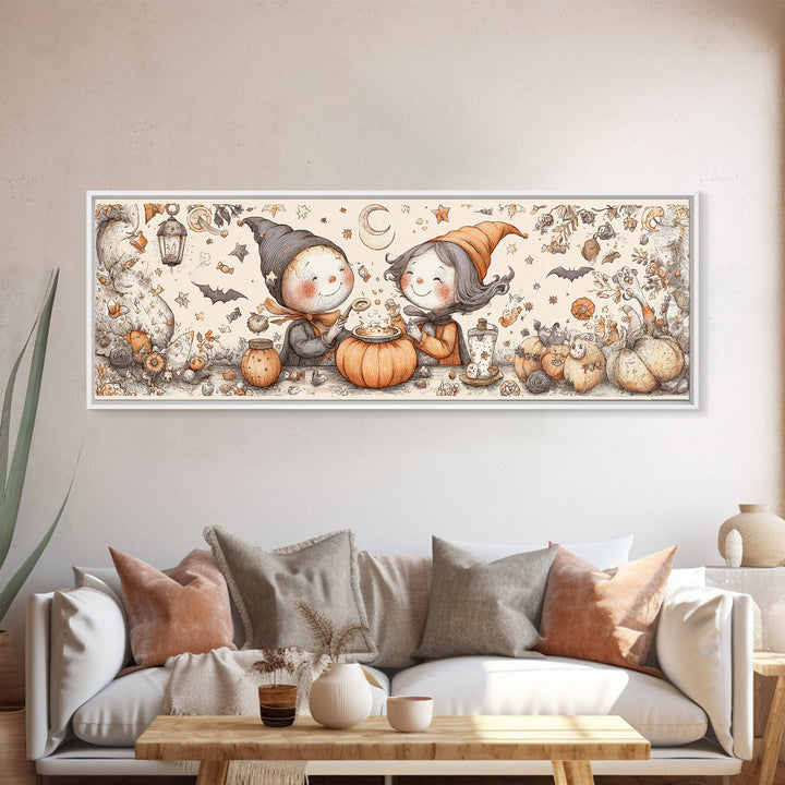 The Pumpkin Potion Twins, Hand Sketch Halloween Art, Extra Wide Wall Art, Canvas Print, Cute Halloween Wall Art