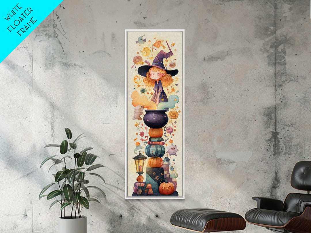 The Rainbow-Cauldron Witch, Watercolor Halloween Art, Tall Narrow Wall Art, Framed Canvas Print, Cute Halloween Wall Art