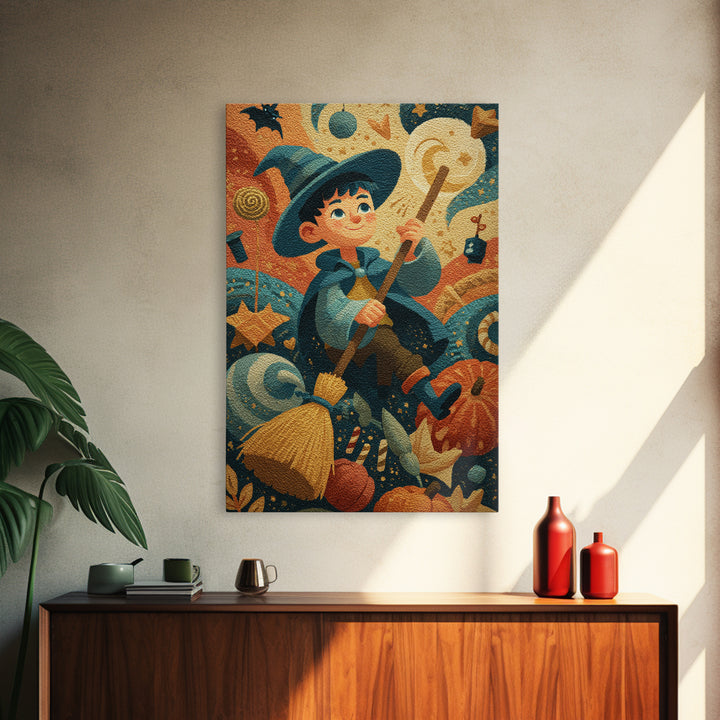 The Stardust Apprentice, Gouache Halloween Art, Vertical Wall Art, Canvas Print, Cute Halloween Wall Art