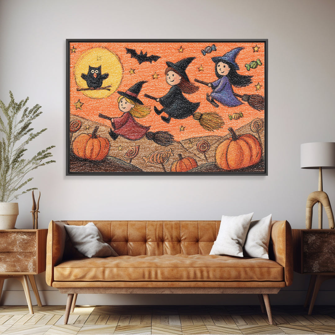 The Broomstick Riding Lesson, Crayon Halloween Art, Landscape Wall Art, Framed Canvas Print, Cute Halloween Wall Art