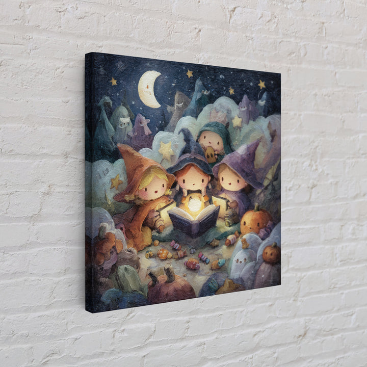 The Spellbook Sleepover, Pastel Halloween Art, Square Wall Art, Canvas Print, Cute Halloween Wall Art