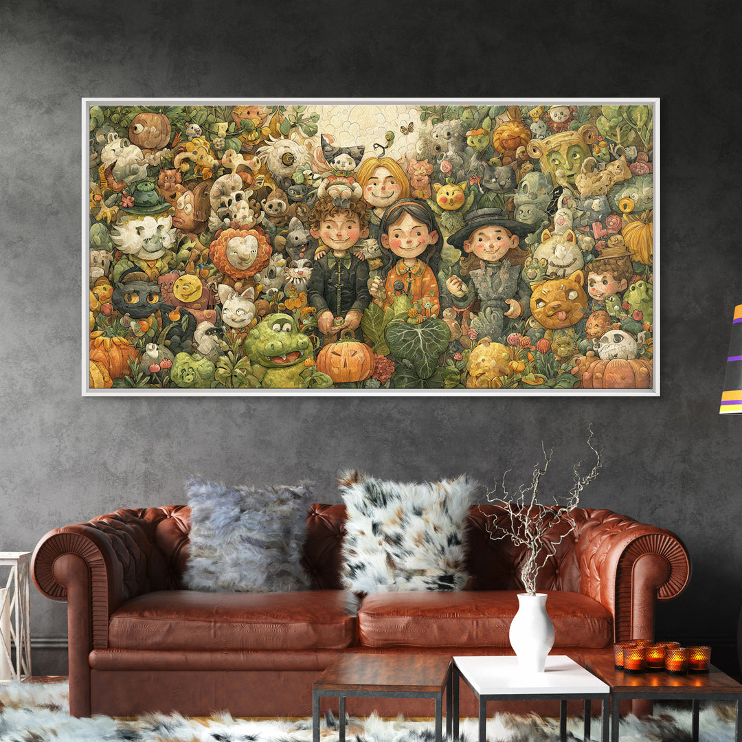 The Friendly Familiar Club, Paper Collage Halloween, Wide Panoramic Art, Framed Canvas Print, Cute Halloween Wall Art