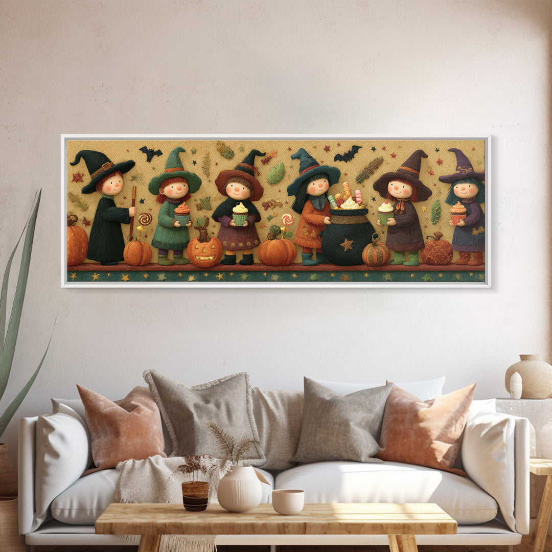 The Cupcake Cauldron Class, Felt Halloween Art, Extra Wide Wall Art, Canvas Print, Cute Halloween Wall Art