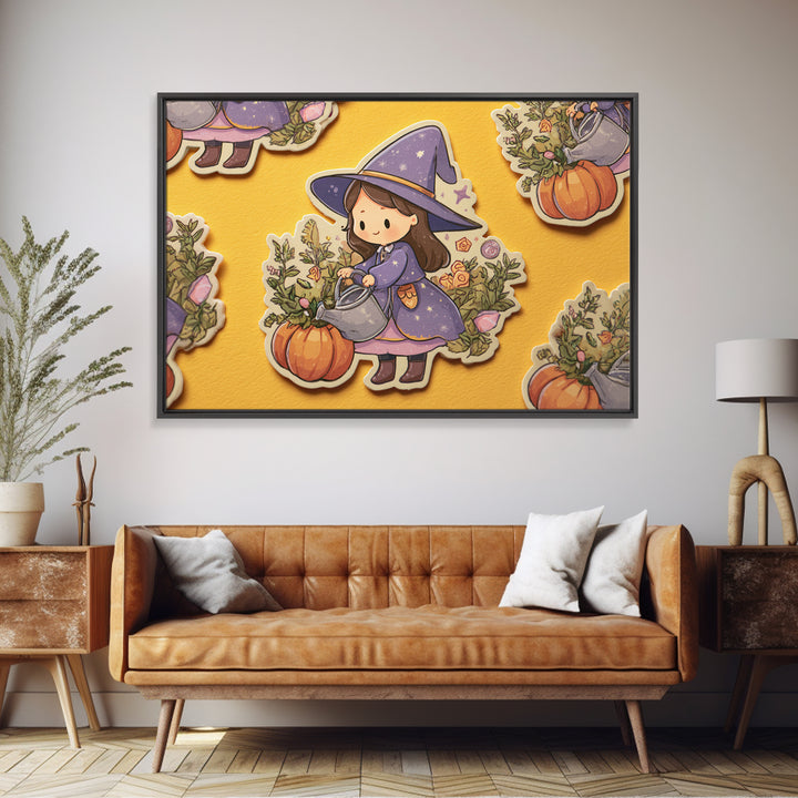 The Moon Garden Witch, Kawaii Halloween Art, Landscape Wall Art, Framed Canvas Print, Cute Halloween Wall Art