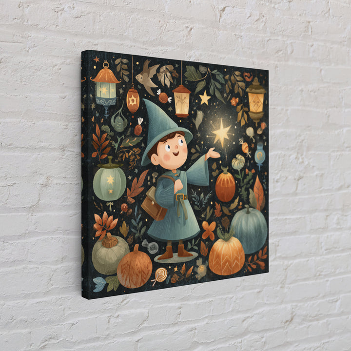The Lantern-Light Wizard, Retro Halloween Art, Square Wall Art, Canvas Print, Cute Halloween Wall Art