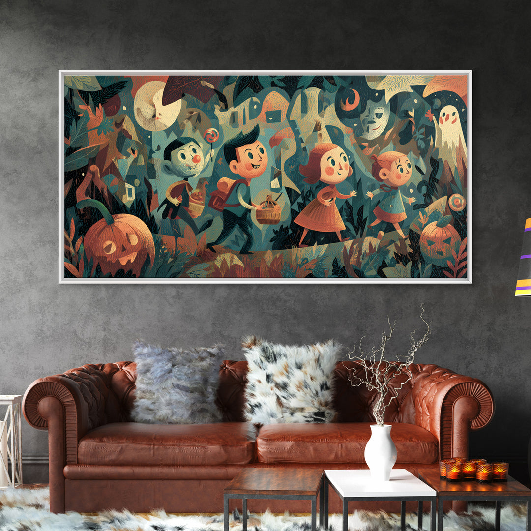 The Candy Map Adventurers, Screenprint Halloween Art, Wide Panoramic Art, Framed Canvas Print, Cute Halloween Wall Art